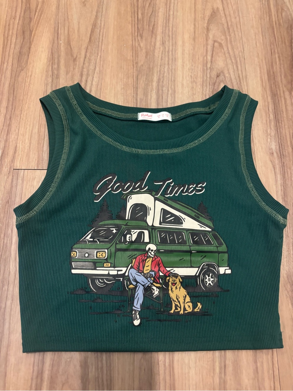 ROMWE Dark Green Ribbed Tank Top with Camper Graphic